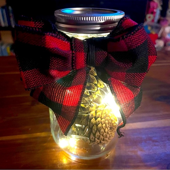 New* Rustic Farmhouse Decor Pinecone FairyLight Mason Jar Buffalo Plaid - Picture 12 of 12